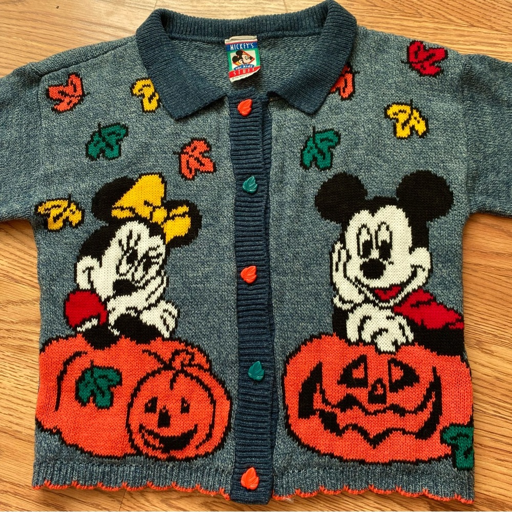 Vintage 80s/90s kids Mickey and Minnie autumn pumpkin cardigan